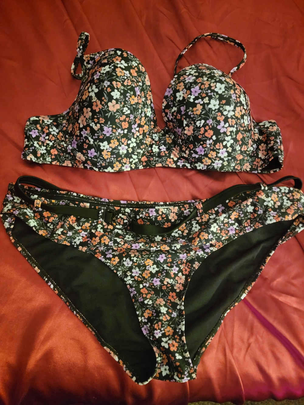 Time and Tru Black Floral Underwire Bikini with Orange & Lavender Flowers